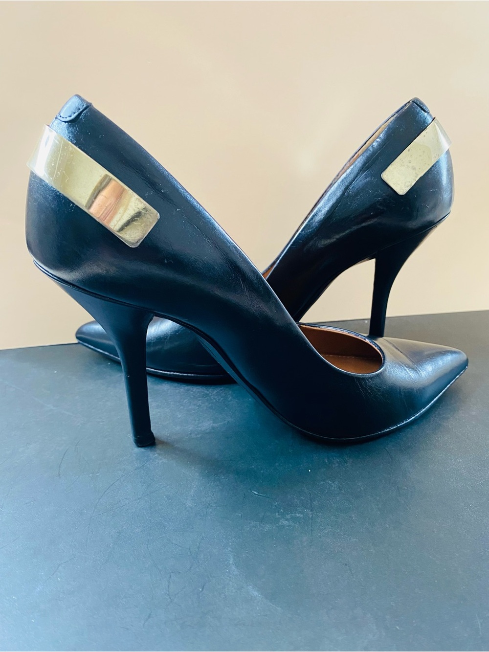 Givenchy Black Leather Pointed Toe Stiletto Pumps with Gold Heel Plate